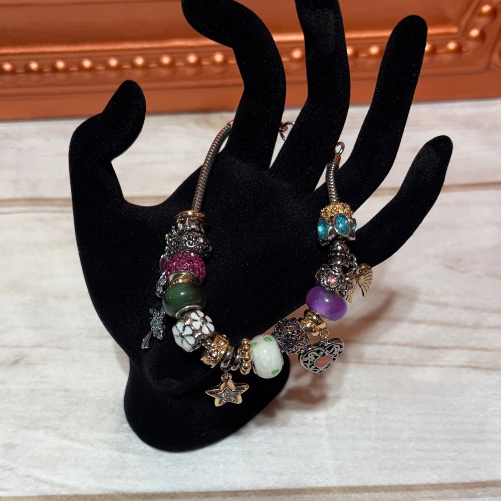 JTV Vibrant Charm Bracelet with Green, Purple, and Silver Accents